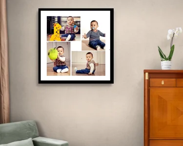 Cuatro fotos de un bebe. Foto realizada en su casa y colocada en la pared.